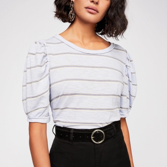 Free People Tops - Free People Light Blue Striped Puff Sleeve Tee